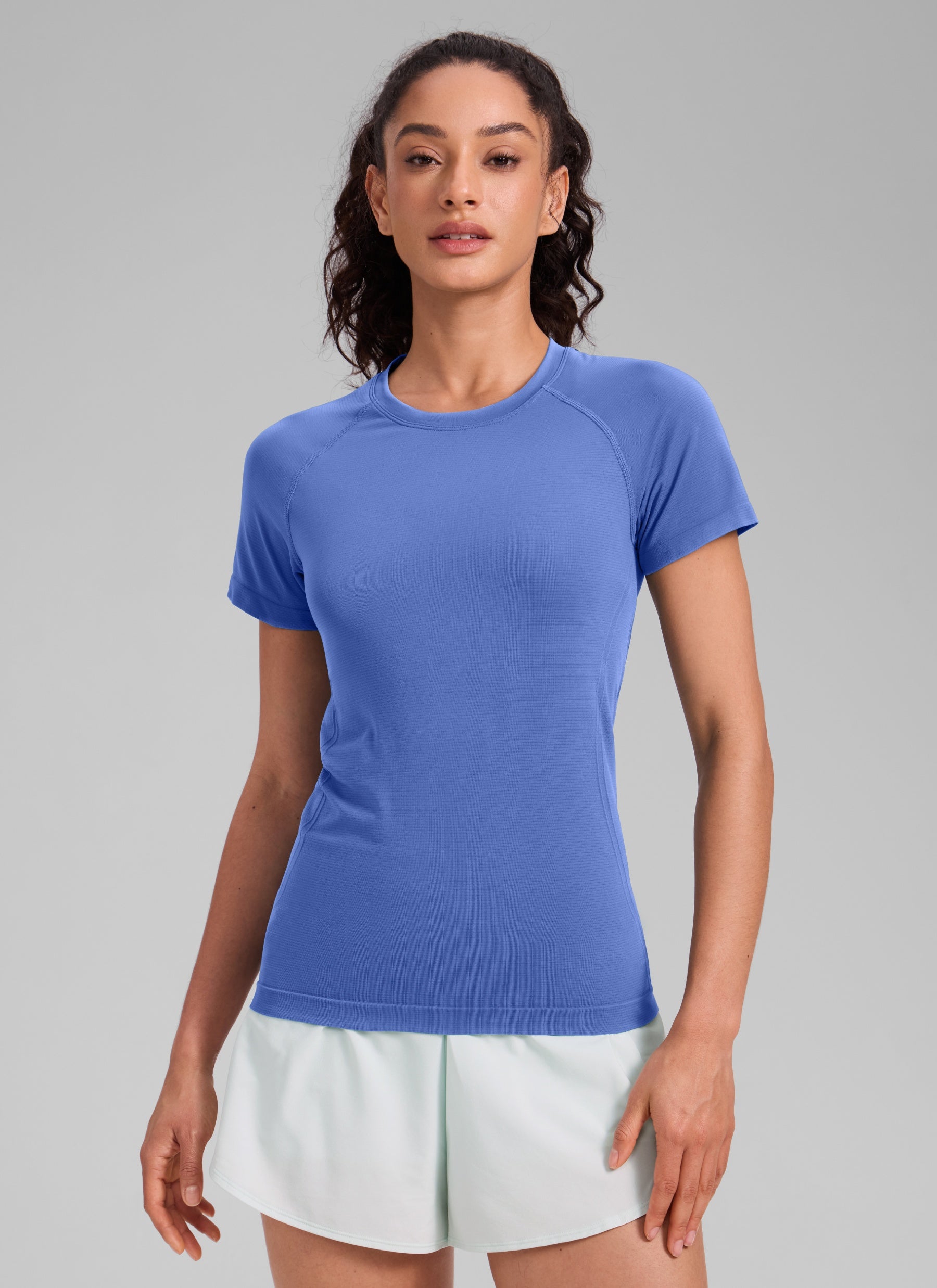 CRZ YOGA Women's Running Classic Fit Shirts Seamless Short Sleeves Wild Indigo