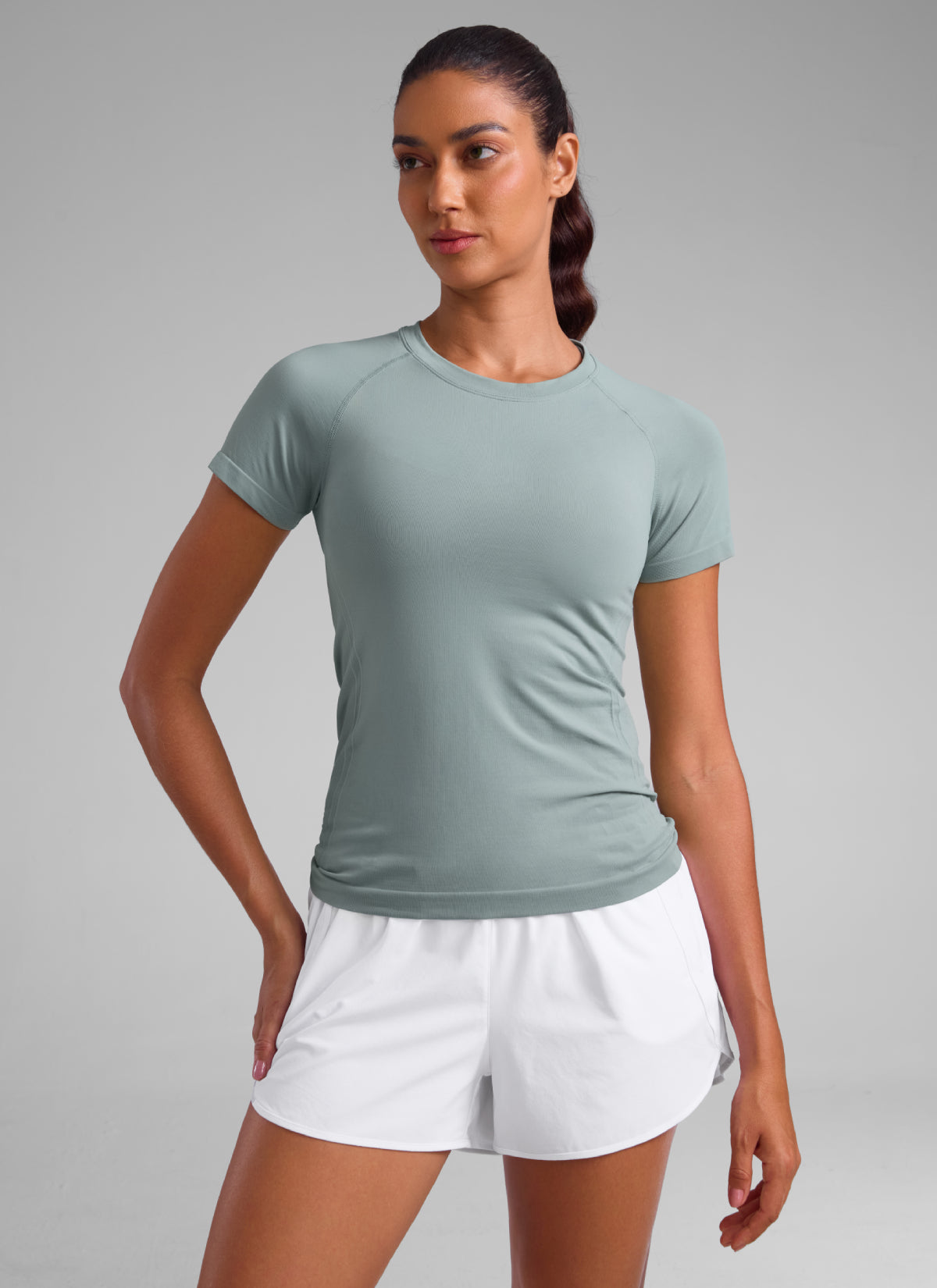 CRZ YOGA Women's Running Classic Fit Shirts Seamless Short Sleeves Green Palm Court