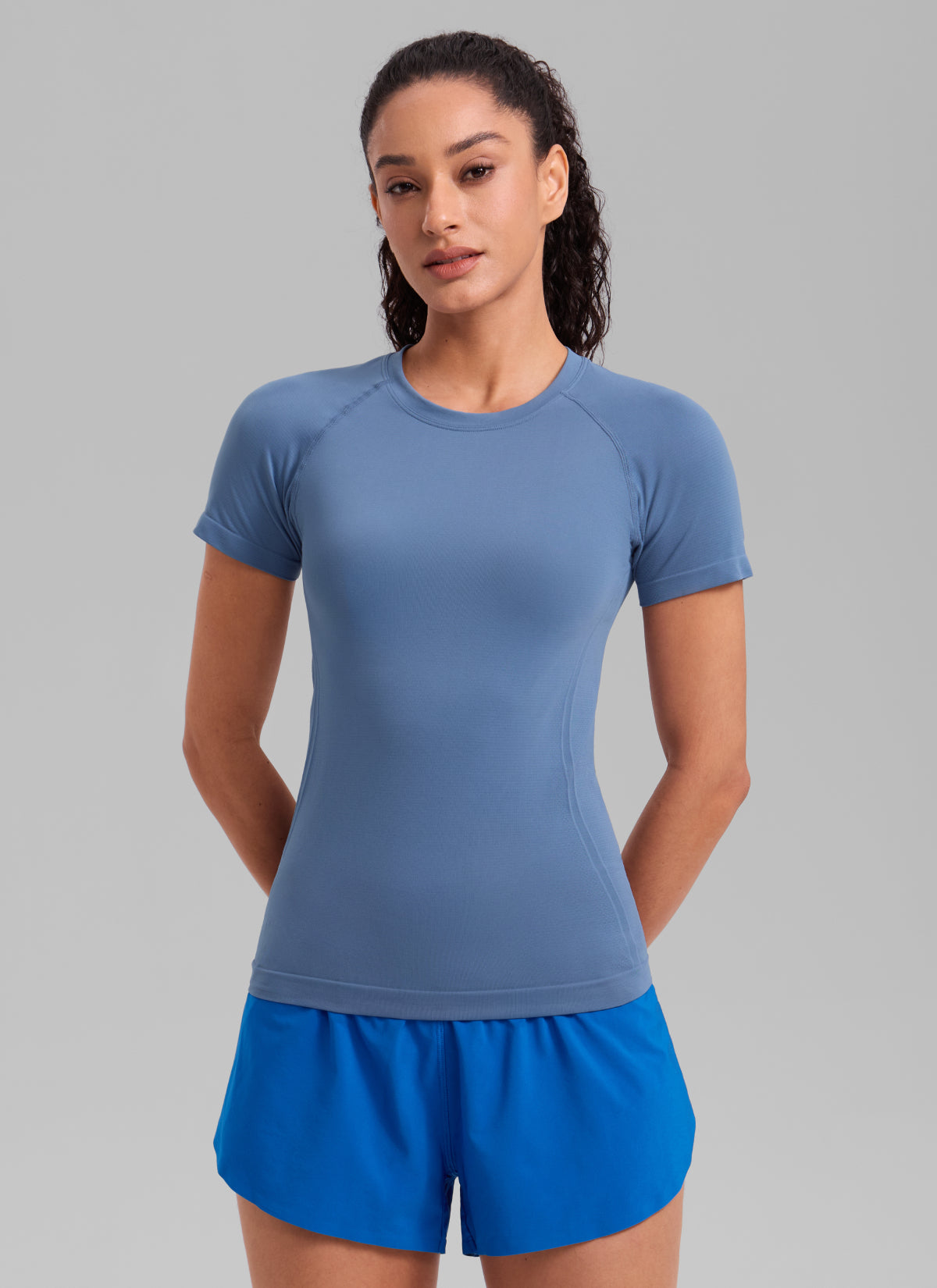 CRZ YOGA Women's Running Classic Fit Shirts Seamless Short Sleeves Oasis Blue