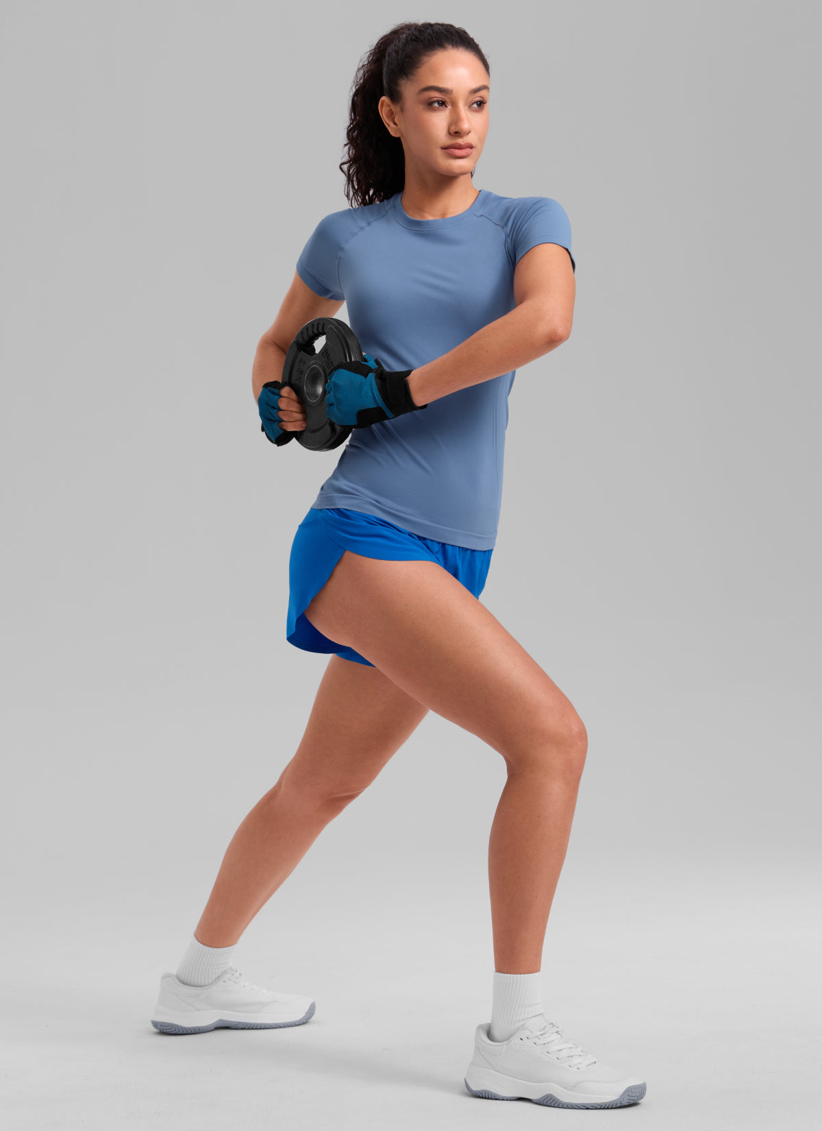 CRZ YOGA Women's Running Classic Fit Shirts Seamless Short Sleeves Oasis Blue