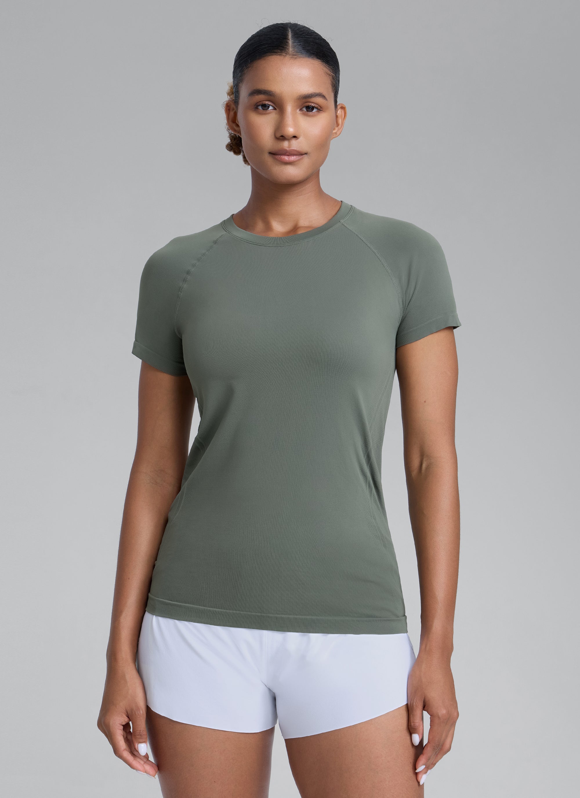 CRZ YOGA Women's Running Classic Fit Shirts Seamless Short Sleeves Grey Sage