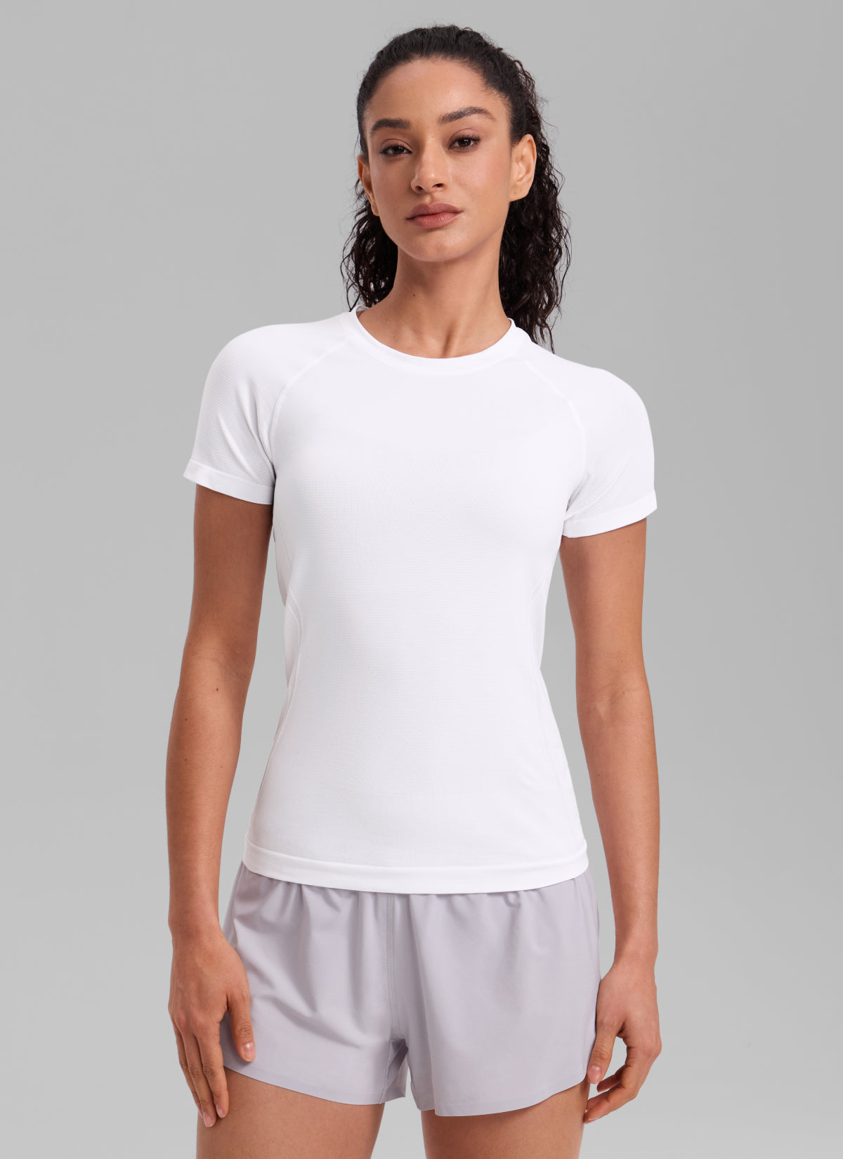 CRZ YOGA Women's Running Classic Fit Shirts Seamless Short Sleeves White