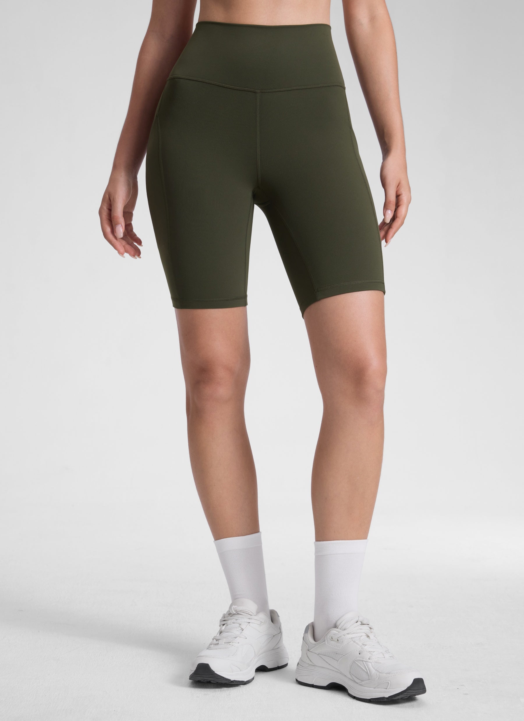 CRZ YOGA Women's Yoga High Rise Biker Butterluxe Pockets Shorts 8'' Olive Green