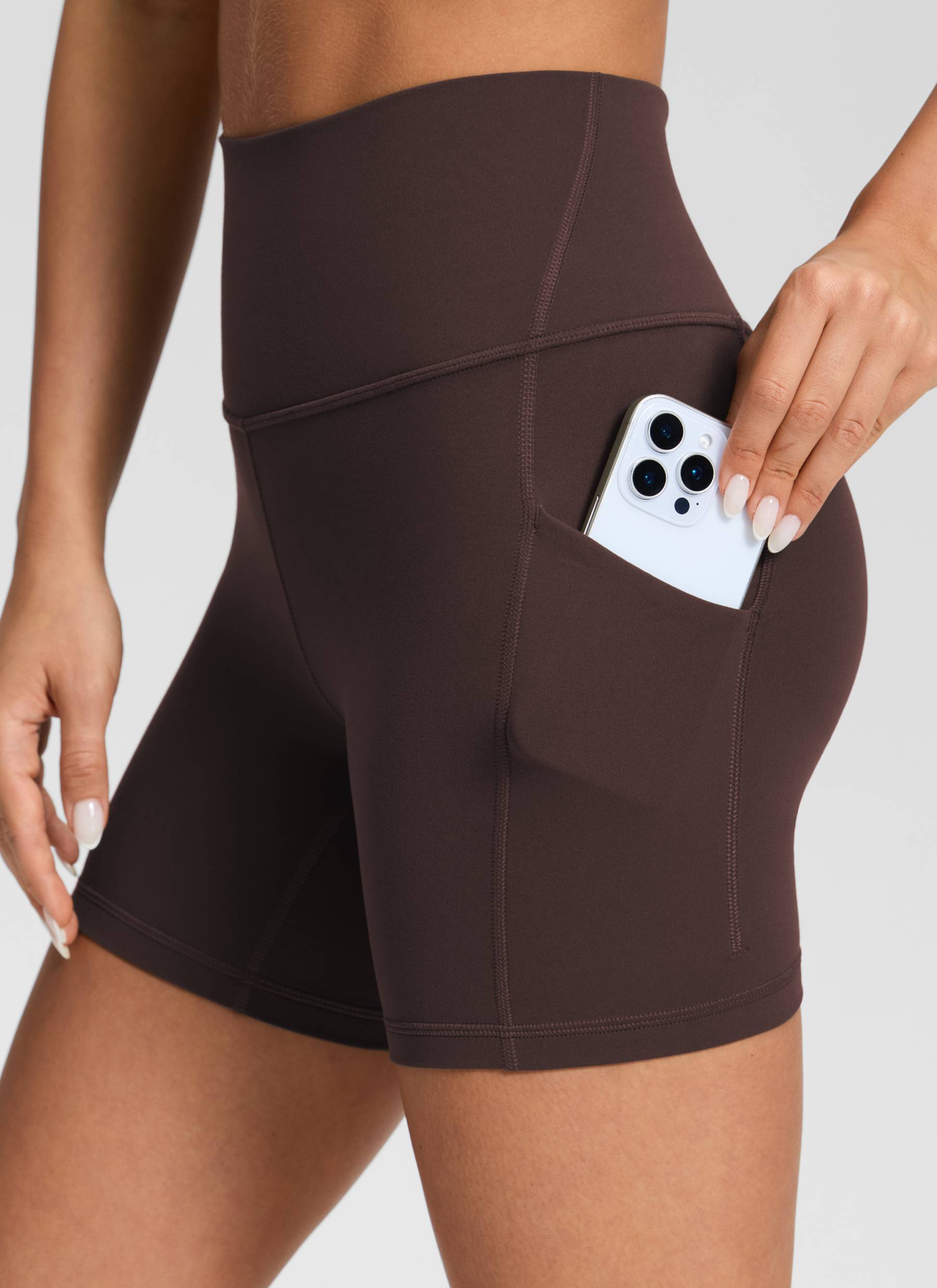 CRZ YOGA Women's Yoga High Rise Biker Butterluxe Pockets Shorts 5'' Hot Fudge Brown