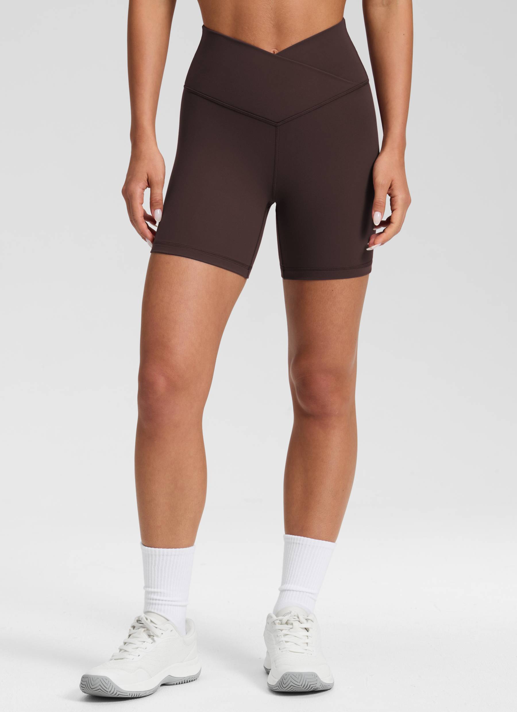 CRZ YOGA Women's High Rise Butterluxe V Cross Waist Biker Shorts 5'' Hot Fudge Brown