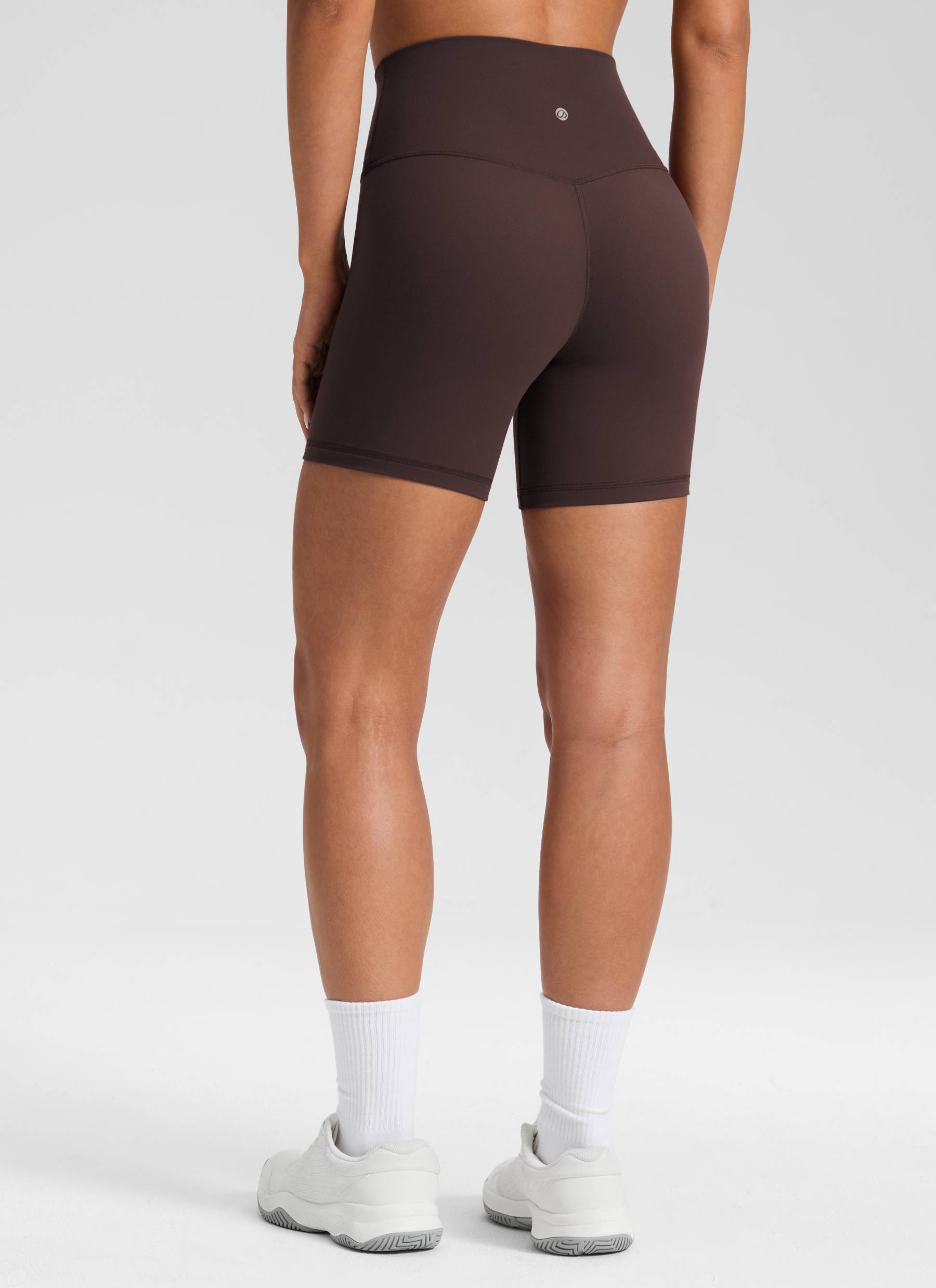 CRZ YOGA Women's High Rise Butterluxe V Cross Waist Biker Shorts 5'' Hot Fudge Brown