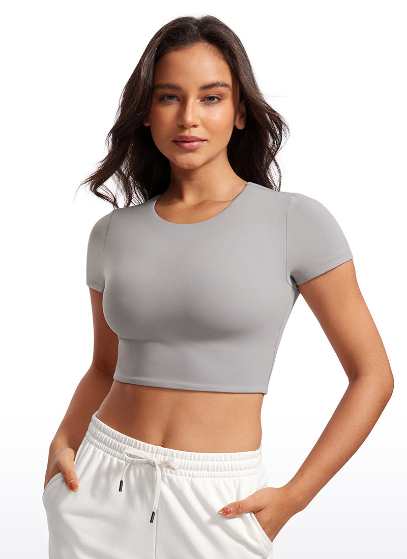 CRZ YOGA Women's Yoga Tight Fit Butterluxe Cropped Short Sleeves Gull Gray
