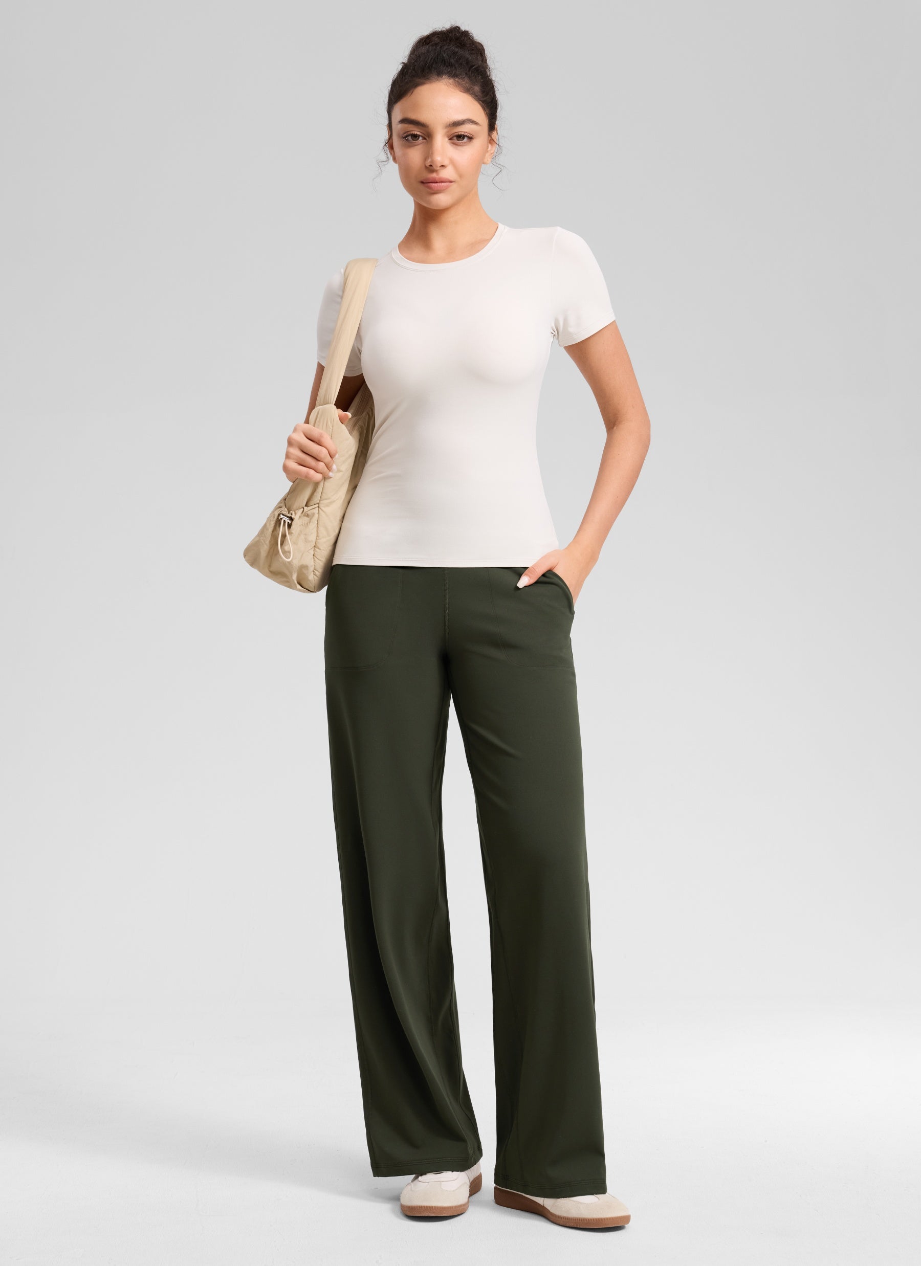 CRZ YOGA Women's Butterlift High Waisted Wide Leg Pants with Pockets Olive Green