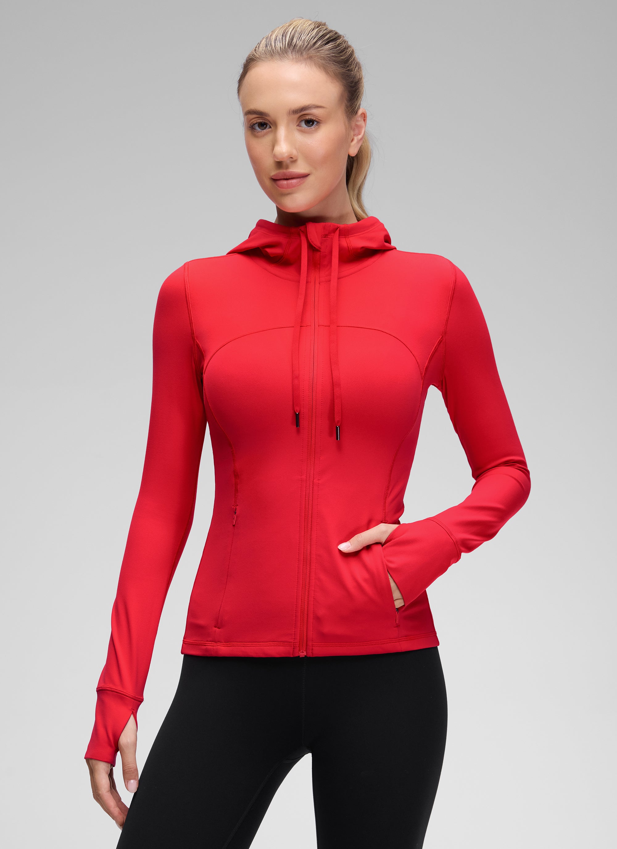 CRZ YOGA Women's Butterluxe Slim Fit Pocket Outerwear Full Zip Hoodies Aurora Red