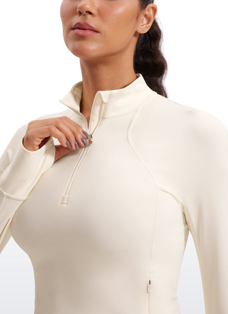 CRZ YOGA レディース ヨガスリムフィットトップスButterluxe ハーフジップ長袖 ホワイト・アプリコット