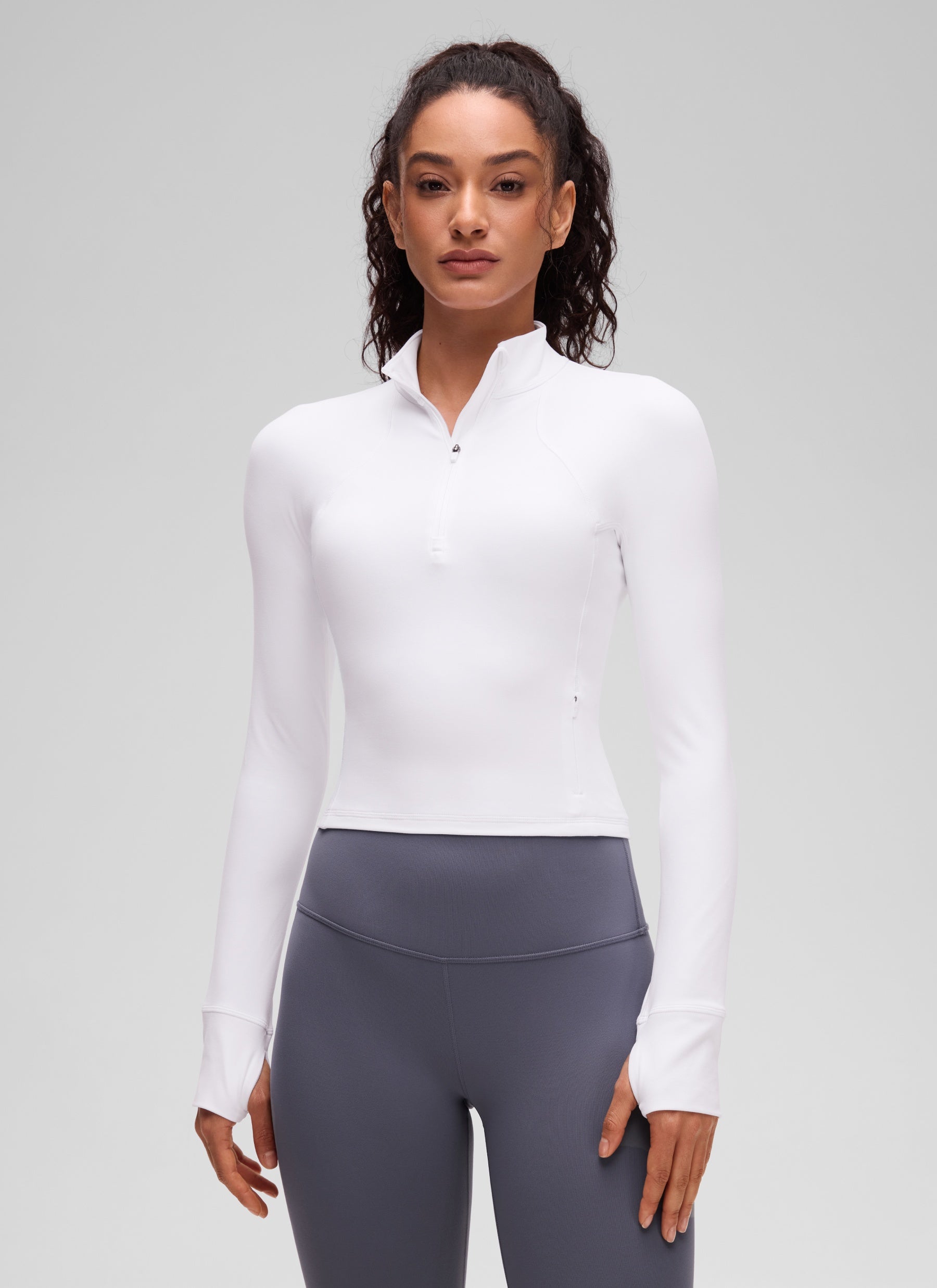 CRZ YOGA Women's Yoga Slim Fit Tops Butterluxe Half-Zip Long Sleeve White