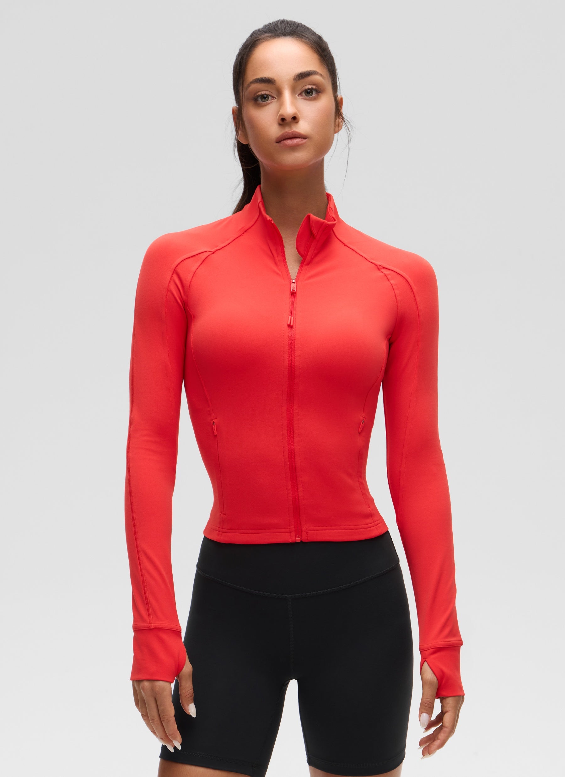 CRZ YOGA Women's Butterluxe Cropped Pocket Outerwear Full Zip Jackets Deep Red