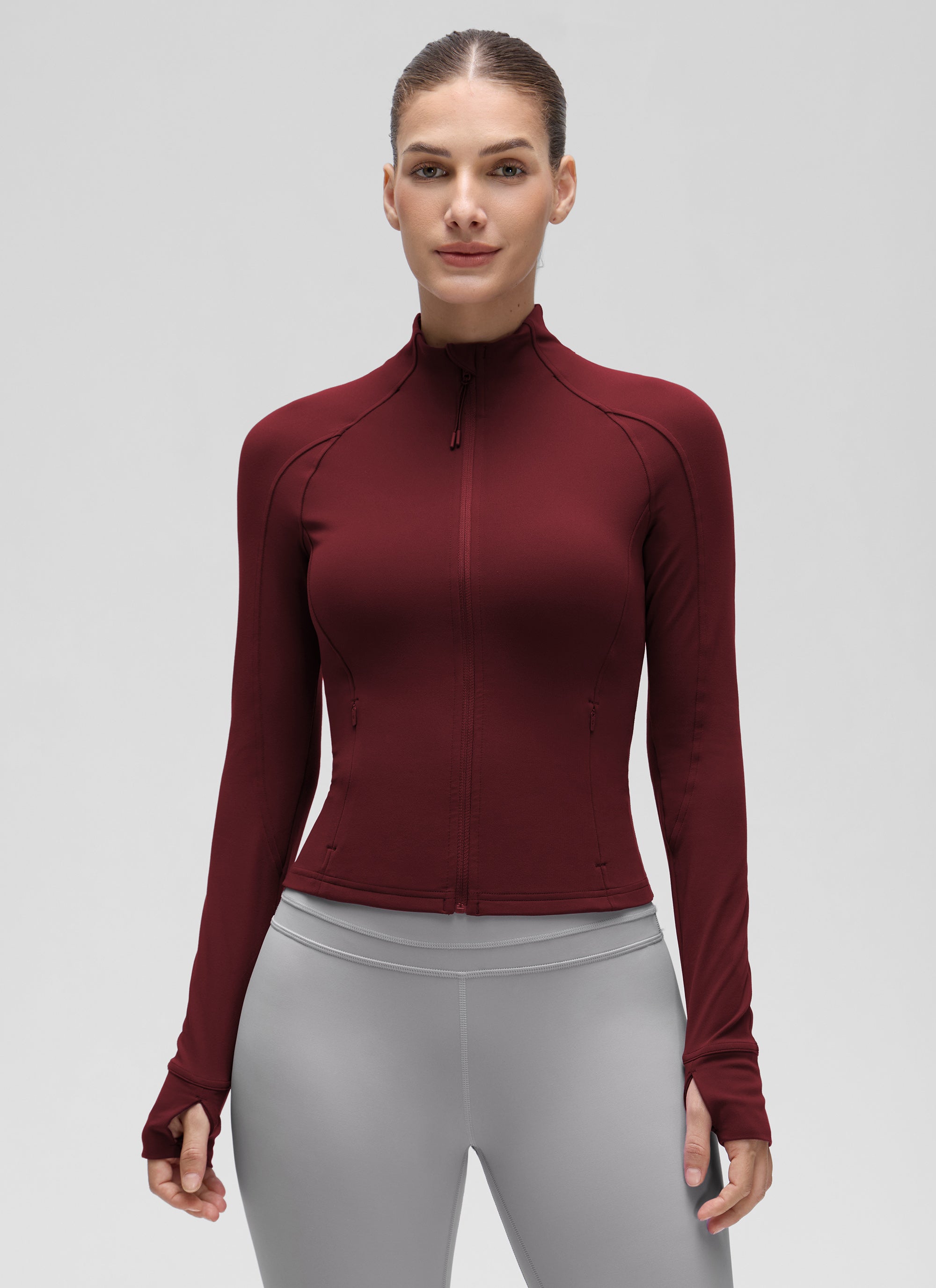 CRZ YOGA Women's Butterluxe Cropped Pocket Outerwear Full Zip Jackets Red Merlot